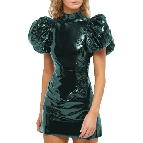 Club Mode Party Wetlook Frauen PVC Leder Big Puff Kurzarm Kleider Slim Bodycon Mini Kleid (Dunkelgrün,4XL) von ERFSQIYALHJ
