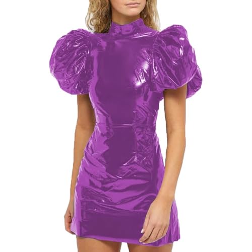 Club Mode Party Wetlook Frauen PVC Leder Big Puff Kurzarm Kleider Slim Bodycon Mini Kleid (Fuchsia,5XL) von ERFSQIYALHJ