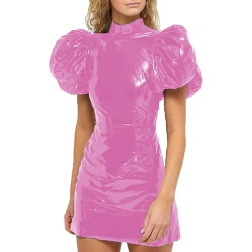 Club Mode Party Wetlook Frauen PVC Leder Big Puff Kurzarm Kleider Slim Bodycon Mini Kleid (Rosa,7XL) von ERFSQIYALHJ
