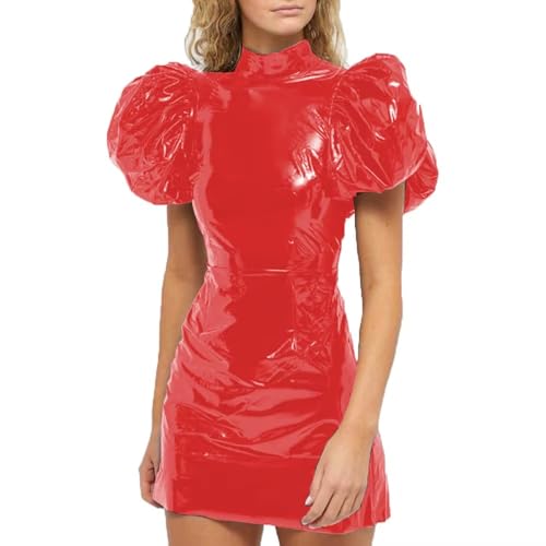 Club Mode Party Wetlook Frauen PVC Leder Big Puff Kurzarm Kleider Slim Bodycon Mini Kleid (Rot,7XL) von ERFSQIYALHJ