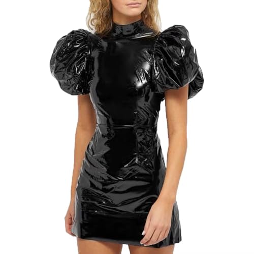 Club Mode Party Wetlook Frauen PVC Leder Big Puff Kurzarm Kleider Slim Bodycon Mini Kleid (schwarz,4XL) von ERFSQIYALHJ