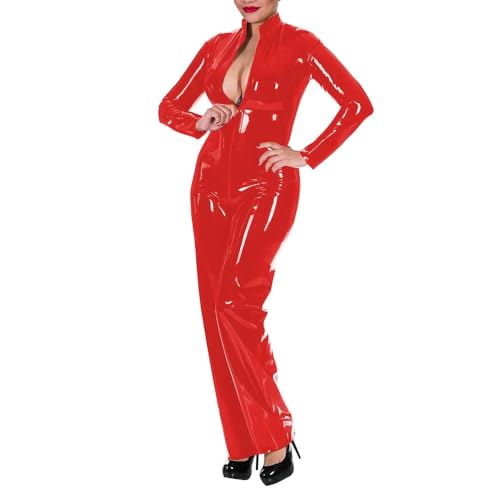 ERFSQIYALHJ Damen Wet Look Kunstleder Jumpsuit Langarm Bodysuit Zip Crotch Romper Clubwear (Rot,7XL) von ERFSQIYALHJ