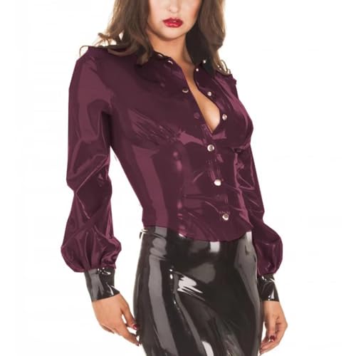ERFSQIYALHJ Glänzendes PVC Leder Trikot Hemden Puff Langarm Turn-Down Mode Blusen mit Button Up (XXL,Dunkelrot) von ERFSQIYALHJ