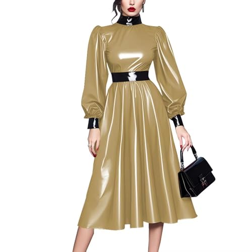ERFSQIYALHJ Glänzendes PVC-Lederkleid Büro Elegante Patchwork-Kleider Hohe Taille Plissee Freizeitkleid (Gold,7XL) von ERFSQIYALHJ