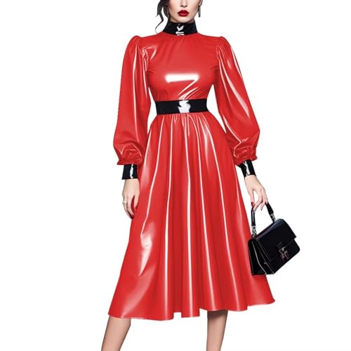 ERFSQIYALHJ Glänzendes PVC-Lederkleid Büro Elegante Patchwork-Kleider Hohe Taille Plissee Freizeitkleid (Rot,7XL) von ERFSQIYALHJ