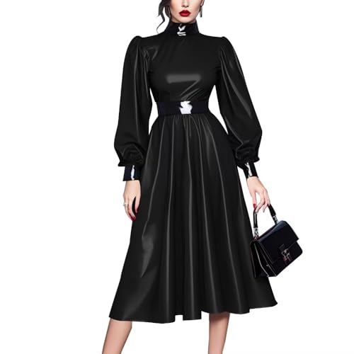 ERFSQIYALHJ Glänzendes PVC-Lederkleid Büro Elegante Patchwork-Kleider Hohe Taille Plissee Freizeitkleid (schwarz,7XL) von ERFSQIYALHJ