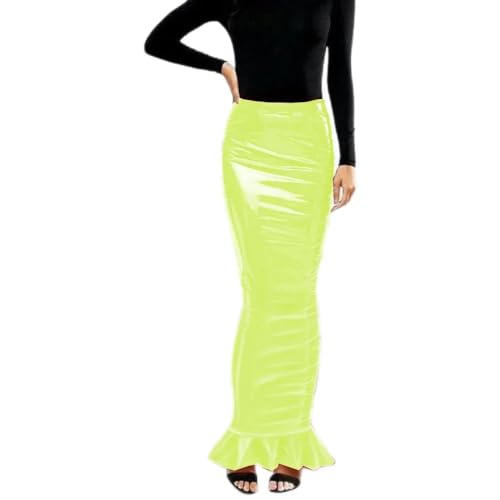 ERFSQIYALHJ PVC Leder Langer Faltenrock Fisch Hohe Taille Enge Passform Hobbelrock Elegantes Abendkleid (Fluoreszierendes Grün,7XL) von ERFSQIYALHJ