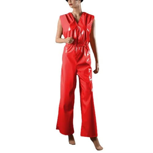 ERFSQIYALHJ PVC Leder V-Ausschnitt Jumpsuit Elegantes Büro Dame Bleistift Rompers Lässige Mode Bodysuit (Rot,7XL) von ERFSQIYALHJ
