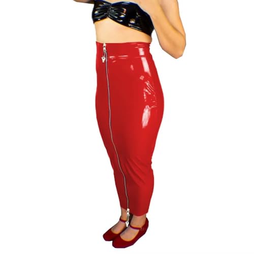 Glänzendes PVC Leder Abschließbarer Rock Bodycon Hobble Sissy Röcke Wetlook Damen Bleistiftröcke (Rot,7XL) von ERFSQIYALHJ