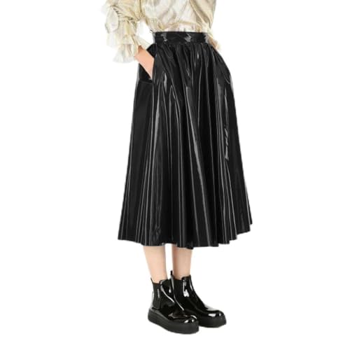 PVC Leder Midi Röcke Elegant Lässig A-Linie Röcke Weiblich Hohe Taille Swing Skater Rock (schwarz,3XL) von ERFSQIYALHJ