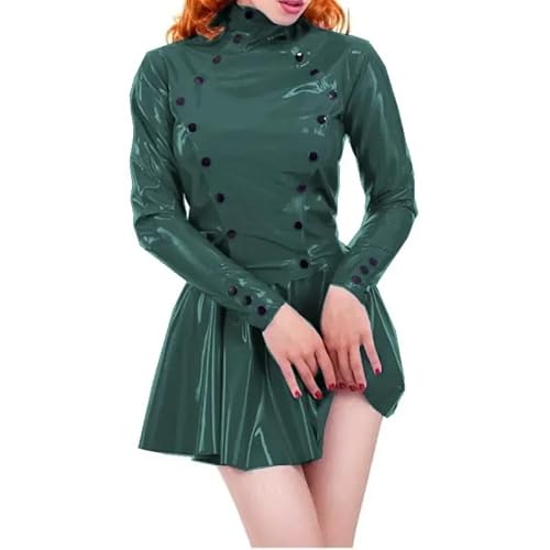 Sissy Langarm Plissee Minikleid PVC Leder Rollkragen A-Linie Kleid Partykleid (Dunkelgrün,XXL) von ERFSQIYALHJ