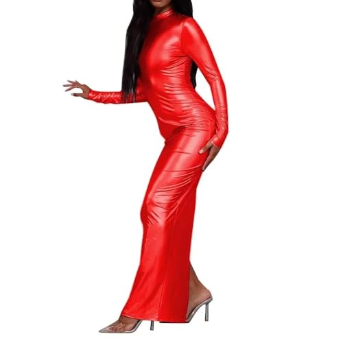Solid Bodycon Kleid Glänzend PU Frauen Hip Wrap Hobble Maxikleid Abend Partykleider (Rot,7XL) von ERFSQIYALHJ