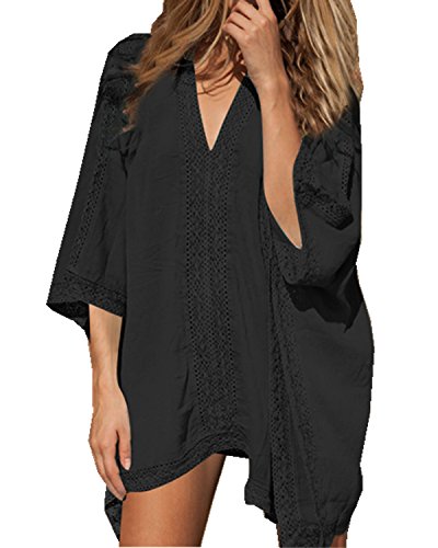 ERGEOB Damen Baumwolle und Spitzenbluse Strand Bikini Badeanzug Strand Kittel Schwarz von ERGEOB