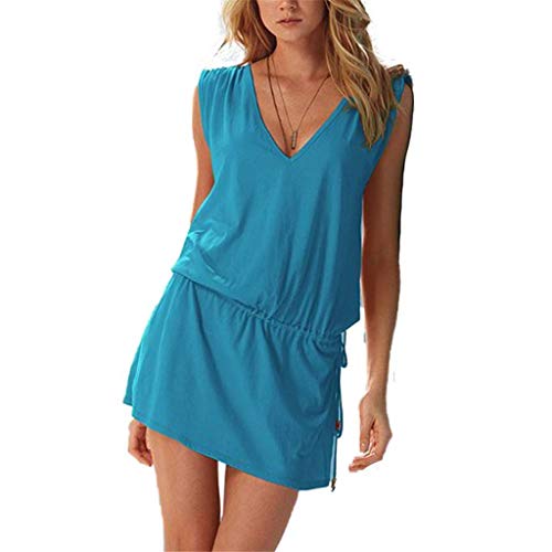ERGEOB Kurzes, luftiges Damen-Sommerkleid mit tiefem V-Ausschnitt – rückenfreies Freizeitkleid, ideal als Bikini-Cover-Up für Strand, Urlaub, Pool, Meer, See, Sommernächte und Partys. Hellblau von ERGEOB
