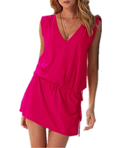 ERGEOB Kurzes, luftiges Damen-Sommerkleid mit tiefem V-Ausschnitt – rückenfreies Freizeitkleid, ideal als Bikini-Cover-Up für Strand, Urlaub, Pool, Meer, See, Sommernächte und Partys. Rosa von ERGEOB