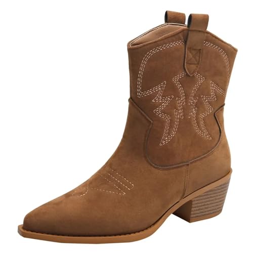 ERHTGUO Bestickte Schuhe mit spitzer Spitze, klobiger Absatz, Ritterstiefel, Retro-Schlupfstiefel, Western-Cowboy-Kurzstiefel(41) von ERHTGUO