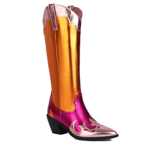 ERHTGUO Damen Hohe Stiefel Western Cowboy Cowgirls Boot Patchwork Gold Pink Lange Schuhe Dame Große Größe 45 Komfort(Gold,46) von ERHTGUO