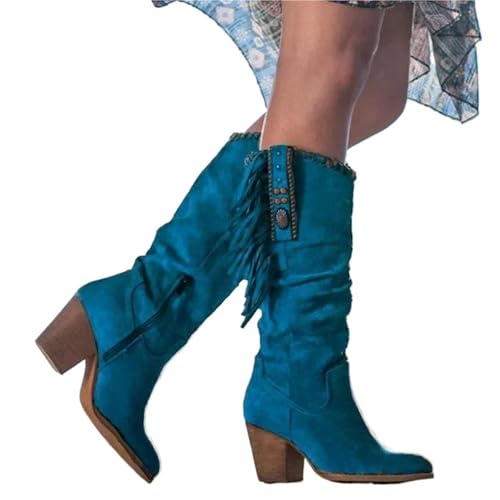 ERHTGUO Damen Stiefeletten mit Metallschnalle, spitzer Zehenbereich, dicker Absatz, Quaste, Western-Cowboystiefel, Damenschuhe(Blue,40) von ERHTGUO