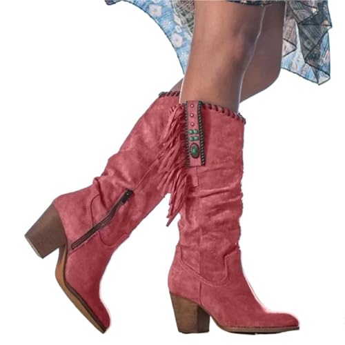 ERHTGUO Damen Stiefeletten mit Metallschnalle, spitzer Zehenbereich, dicker Absatz, Quaste, Western-Cowboystiefel, Damenschuhe(Red,43) von ERHTGUO