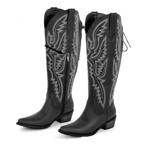 ERHTGUO Damen Westernstiefel mit spitzer Zehenpartie, seitlichem Reißverschluss, bestickt, Blockabsatz, Cowgirl-Stiefeletten(Color3,7) von ERHTGUO