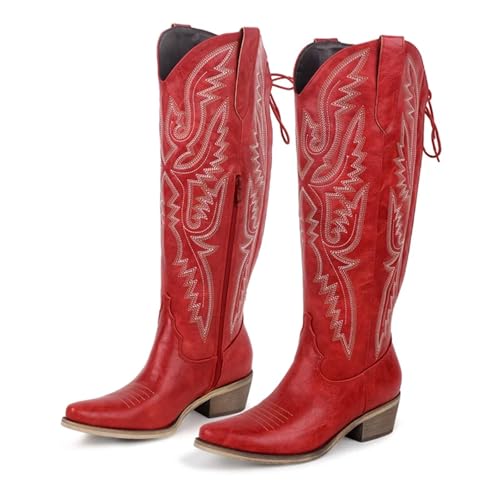 ERHTGUO Damen Westernstiefel mit spitzer Zehenpartie, seitlichem Reißverschluss, bestickt, Blockabsatz, Cowgirl-Stiefeletten(Color4,7) von ERHTGUO