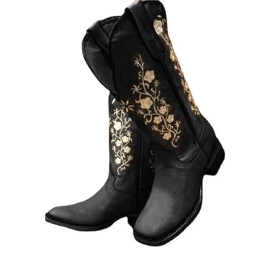 ERHTGUO Damenstiefel mit runder Spitze und Retro-Stickerei-Design, rutschfest, mittelhoher Schaft(Black,38) von ERHTGUO