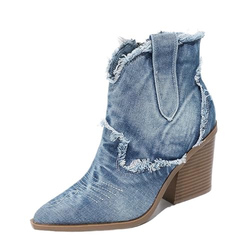 ERHTGUO Kurze Denim-Stiefel im Retro-Stil, Damenschuhe, modisch, for Hineinschlüpfen, spitze Zehenpartie, Chunk Heels, Booties, Western-Cowboystiefel(Beige,40) von ERHTGUO