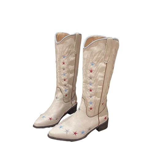 ERHTGUO Retro-Stern-bestickte Ritterstiefel for Damen, spitze Western-Cowboy-Cowgirl-Schuhe, dicker, mittelhoher Absatz, kniehoher Spleißstiefel(35) von ERHTGUO