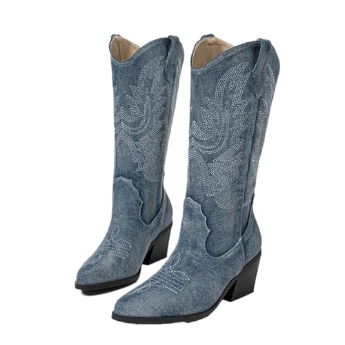 ERHTGUO Spitzschuh Kniehohe Stiefel Damenmode Stickerei Western Square High Heels Schuhe(Dark Blue,35) von ERHTGUO
