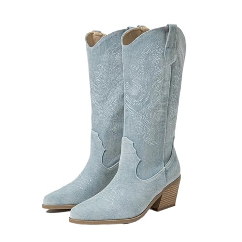 ERHTGUO Spitzschuh Kniehohe Stiefel Damenmode Stickerei Western Square High Heels Schuhe(Light Blue,39) von ERHTGUO