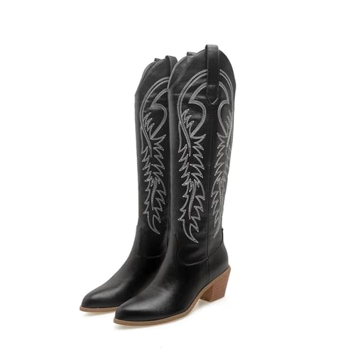 ERHTGUO Sticken Sie Western-Cowboystiefel for Damen, modische kniehohe Stiefel mit Keilabsatz, Schuhe in Übergröße 45 50(Black,42) von ERHTGUO