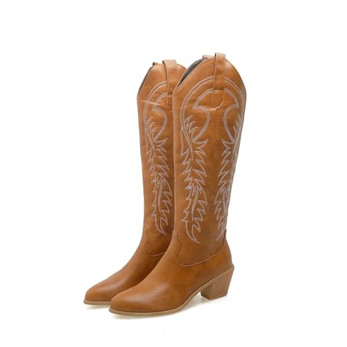 ERHTGUO Sticken Sie Western-Cowboystiefel for Damen, modische kniehohe Stiefel mit Keilabsatz, Schuhe in Übergröße 45 50(Brown,35) von ERHTGUO