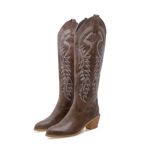 ERHTGUO Sticken Sie Western-Cowboystiefel for Damen, modische kniehohe Stiefel mit Keilabsatz, Schuhe in Übergröße 45 50(Dark brown,34) von ERHTGUO