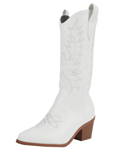 ERHTGUO Stiefeletten for Damen im Mid-Calf-Stil, trendige Slip-On-Stiefel Western-Cowgirl-Stil mit Stickerei, weiße High Heels(White,36) von ERHTGUO