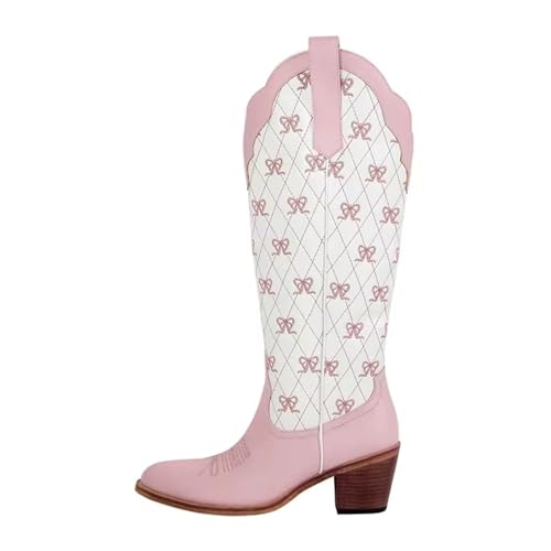 ERHTGUO Weiße kniehohe Cowgirlstiefel for Hineinschlüpfen mit Schleife in großen Größen, bequeme Cowboystiefel for Damen(SH240901A,36) von ERHTGUO