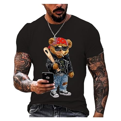 3D Teddybär Herren T-Shirt Casual Damen Kurzarm Tops Sommer Street Trend Hip Hop Übergroße T-Shirt Kleidung (Color : Black, Size : XL) von ERICAT