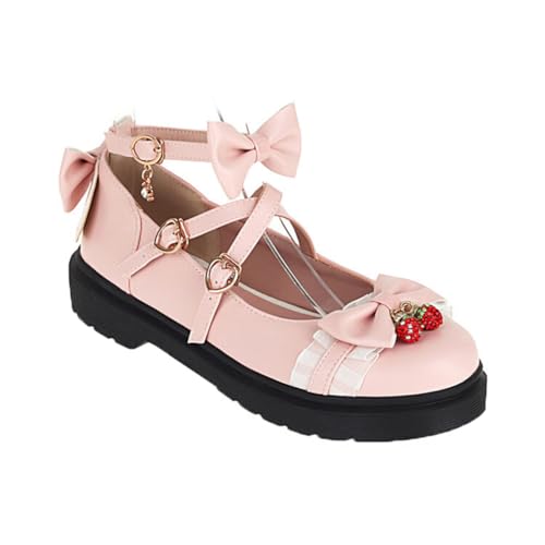 Damen Dick Boden Mary Jane Schuhe Weinlese Kreuz Schnalle Riemen Runde Zehe Flach Flacher Mund Schuhe Kawaii Prinzessin Lolita Schuhe Süß Bogen Kleid Schuhe von ERICAT