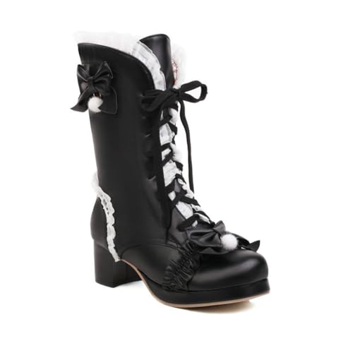 Damen Weiß Lolita Heels Niedlich Schößchen Einfach Fee Rüsche Prinzessin Schuhe Schleife Bequem College-Stil Jk Uniform Lolita hochhackige Stiefel von ERICAT