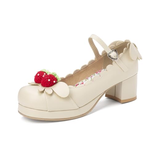 Dicker Boden Damen Mary Jane Schuhe Retro Runder Kopf Dicke Absätze Lederschuhe Süß mit Rock Lolita Schuhe Erdbeere Prinzessin Heels von ERICAT