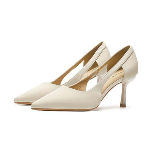 ERICAT Damen Spitze Zehe High Heels Mode Feine Absätze Pumps Damen Schuhe Beige Seite Hohle Sandalen Weich Bequem Leichtgewicht Bankett Kleid Schuhe von ERICAT