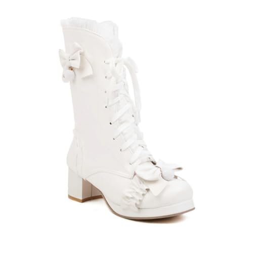 Damen Weiß Lolita Heels Niedlich Schößchen Einfach Fee Rüsche Prinzessin Schuhe Schleife Bequem College-Stil Jk Uniform Lolita hochhackige Stiefel von ERICAT