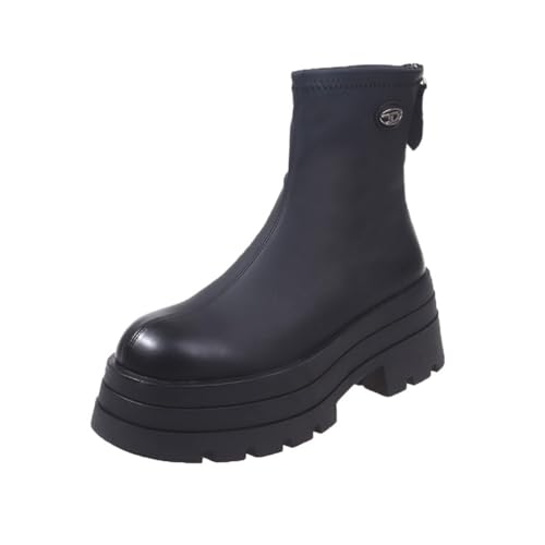 ERICAT Einfacher Dicker Boden Damen Lederstiefel Retro Temperament Kurze Stiefel Herbst und Winter Runder Kopf Reiterstiefel Erhöhung Dünne Mode Stiefel von ERICAT