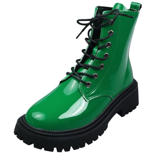 ERICAT Grüne Mode Ritterstiefel Frauen Herbst und Winter Britischer Stil Dicker Boden Schnürung Kurze Stiefel Hübsche Biker Stiefel Schnürung Mittlere Wadenstiefel von ERICAT