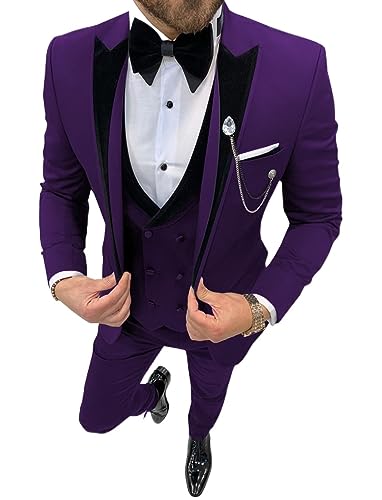 ERICAT Herrenanzüge Wave Point Dreiteilige Herrenanzüge Lässige Pendler-Büro-Business-Anzüge for die Hochzeit (Color : Purple, Size : 5XL) von ERICAT