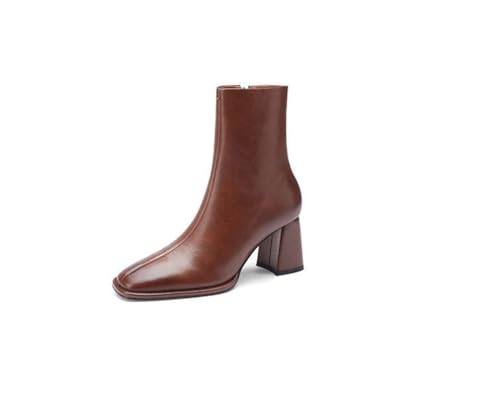 Hochhackige Stiefel Damen Einfacher Quadratischer Kopf Hochhackige Stiefel Herbst und Winter Seitenreißverschluss Mode Mittlere Wadenstiefel Temperament Dünne Lederstiefel von ERICAT