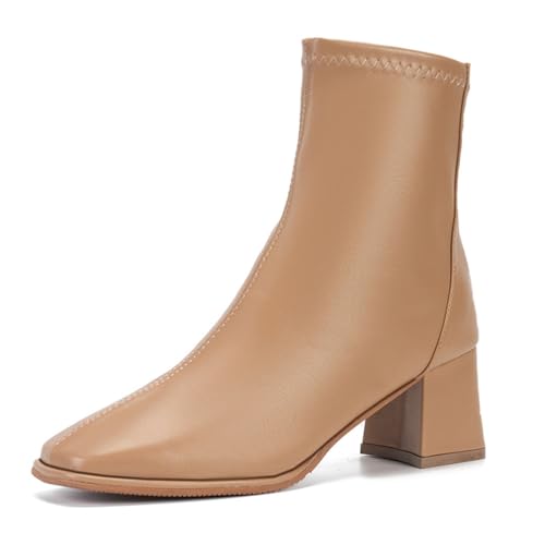 ERICAT Mode Knöchelstiefel mit Reißverschluss Weiches Leder Elastische Damenstiefel Herbst und Winter Hochhackige Stiefel Quadratischer Kopf Mode Stiefel Einfaches Temperament Kurze Stiefel von ERICAT