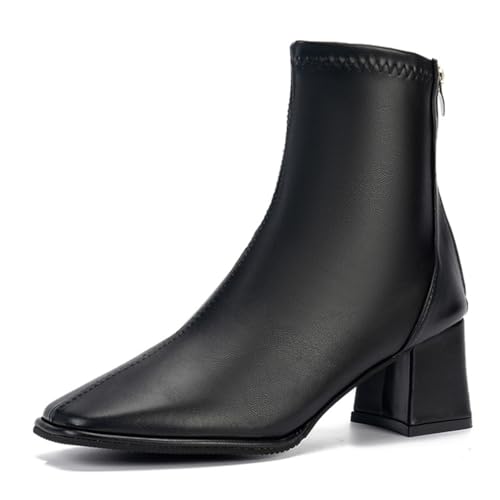 ERICAT Mode Knöchelstiefel mit Reißverschluss Weiches Leder Elastische Damenstiefel Herbst und Winter Hochhackige Stiefel Quadratischer Kopf Mode Stiefel Einfaches Temperament Kurze Stiefel von ERICAT