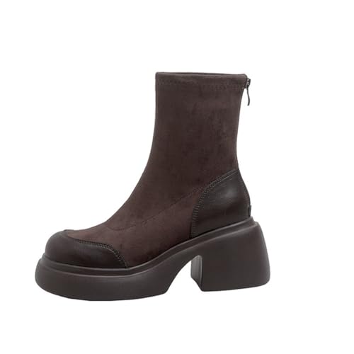 Retro Chunky Heel Elastische Stiefel Dicker Boden Kurze Stiefel Frauen Hochhackige Niedrige Stiefel Weiches Leder Skinny Stiefel Einfaches Temperament und Stiefeletten von ERICAT