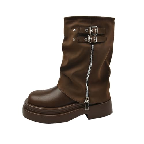 ERICAT Retro Damenstiefel Dicker Boden und Knöchelstiefel Herbst Dünne Stacked Boots Temperament Kurze Stiefel High Top Lederstiefel Zip Mid-calf Stiefel von ERICAT