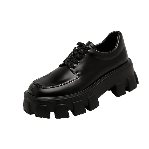 ERICAT Schwarzer runder Kopf Einzelne Schuhe Lace-up Loafers Dick mit kleinen Lederschuhen Mokassins Erhöhender Dicker Boden Muffin Damen hochhackige Schuhe von ERICAT